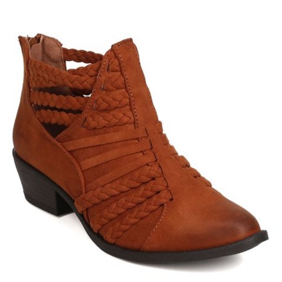 Qupid Almond Toe Braided Strappy Low Chunky Heel Chestnut Ankle Boot - Picture 5 of 5